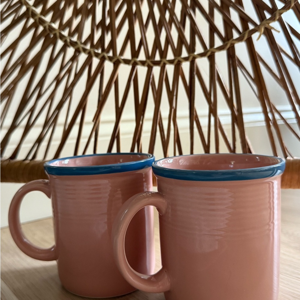2 MCM Mid Century RIO Stoneware Mugs Pink with Blue Rim Japan Made